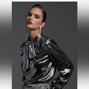 SEN Shiny Silver Blouse with Bow Detail- New with Tags